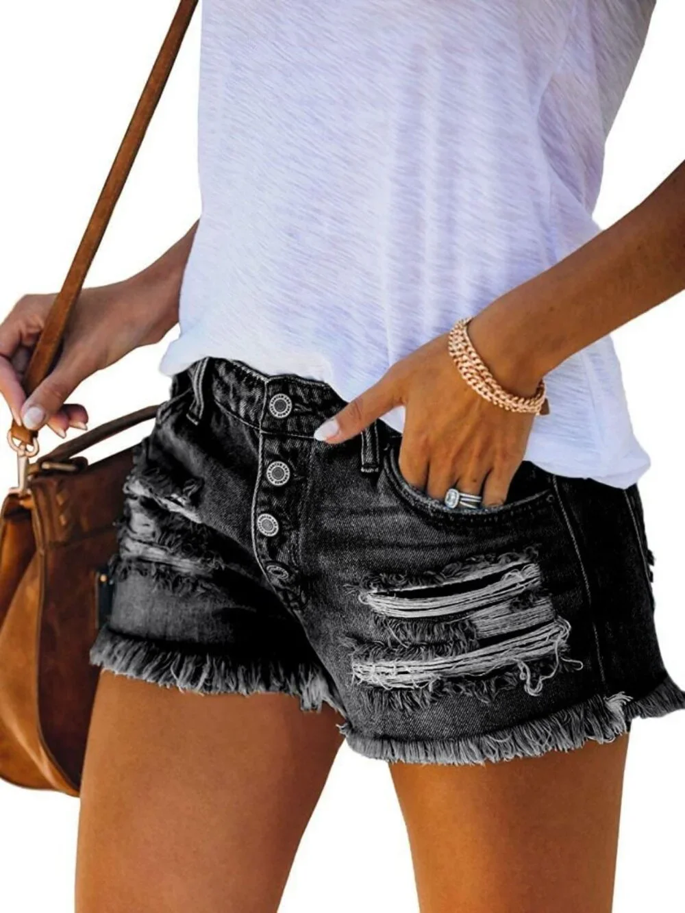 Mid Rise Stretchy Distressed Denim Shorts for Women - Casual Summer Ripped Jeans